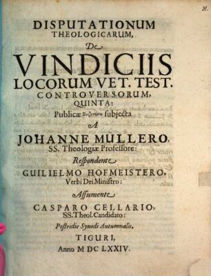 Disp. theol. de vindiciis locorum V. T. controversorum quinta