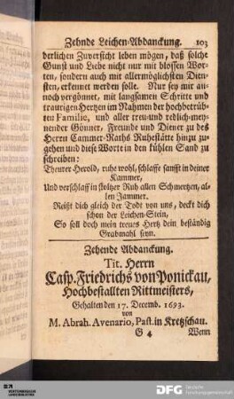 Zehende Abdanckung. Tit. Herrn Casp. Friedrichs von Ponickau...
