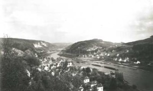 Stadt Wehlen. Ortsansicht mit Pötzscha elbaufwärts gegen Weiße Brüche und Rauensteinmassiv. Blick Genesungsheim nach Osten
