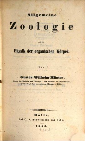 Allgemeine Zoologie oder Physik der organischen Körper