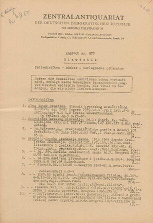Nr. 877: Slawistik Zeitschriften - Bücher - Verlagsneue Literatur