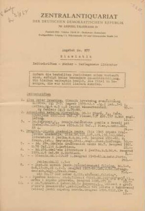 Nr. 877: Slawistik Zeitschriften - Bücher - Verlagsneue Literatur