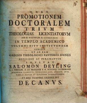 Promotionem doctoralem trium theologiae licentiatorum ad d. 7. Julii ... instituendam indicit et ad eam ... invitat Salomon Deyling : [Praefatus de cultu S. Mariae Virg. catholico]