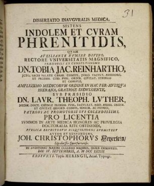 Dissertatio Inauguralis Medica, Sistens Indolem Et Curam Phrenitidis