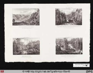 [Vier Ansichten des Harzes.]: Die Blechhütte bei Thale. Der Kessel bey der Rosstrappe im Bodenthale. Der Ilsenstein. Parthie aus dem Ilsethale.