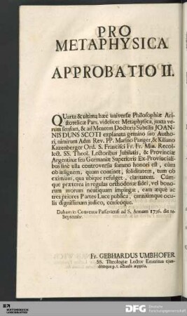 Pro Metaphysica / Approbatio II.