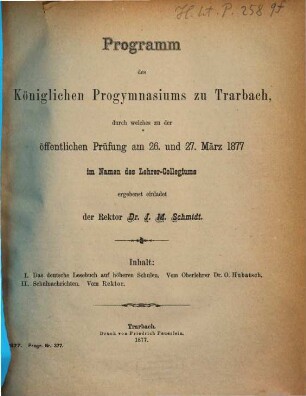 Programm des Königlichen Progymnasiums zu Trarbach : über das Schuljahr .... 1876/77