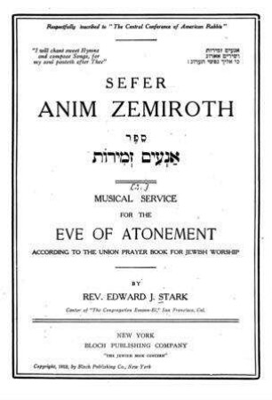 Musical service for the Eve of Atonement : according to the union prayer book for jewish worship / by Edward J. Stark