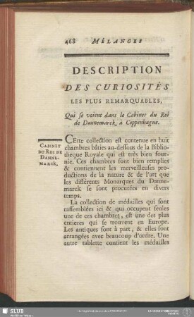 Description Des Curiosités Les Plus Remarquables, qui se voient dans le Cabinet du Roi de Dannemarck à Coppenhague