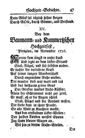 XV. Bey dem Baumann- und Kummertzschen Hochzeitfest, Prenzlau, im November 1736.