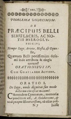 Problema Undecimum. De Præcipuis Belli Simulacris, Ac Notis Hieroglyphicis.