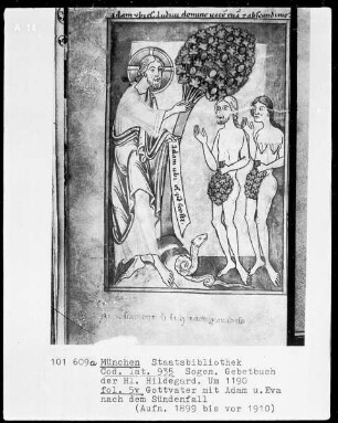 Sogenanntes Gebetbuch der heiligen Hildegard — Gottvater mit Adam und Eva nach dem Sündenfall, Folio 5verso