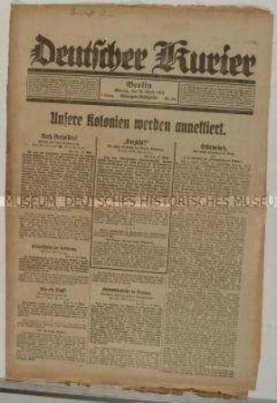 Tageszeitung "Deutscher Kurier" zur Besetzung der ehemaligen deutschen Kolonien durch die Siegermächte des Weltkrieges