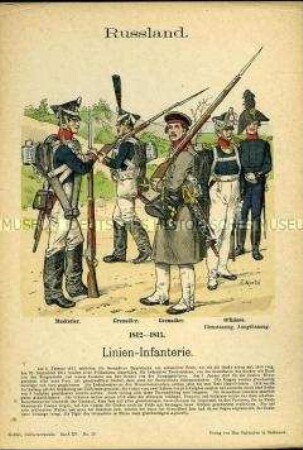 Uniformdarstellung, Musketier, Grenadiere und Offiziere der Linien-Infanterie, Russland, 1812/1815.