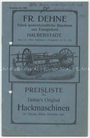 Preisliste über Hackmaschinen