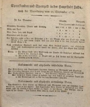 Sperrstunden und Sperrgeld in der Hauptstadt Fulda, nach der Verordnung vom 19. September 1778.