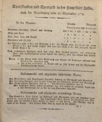 Sperrstunden und Sperrgeld in der Hauptstadt Fulda, nach der Verordnung vom 19. September 1778.