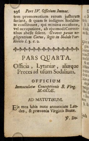 236-318, Pars Quarta. Officia, Lytaniae, aliaeque Preces ad usum Sodalium.