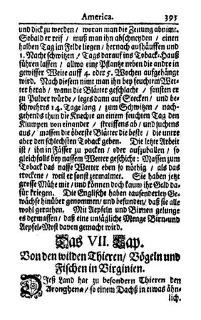 Das VII: Kap. - Von den wilden Thieren-Vögeln und Fischen in Virginien.