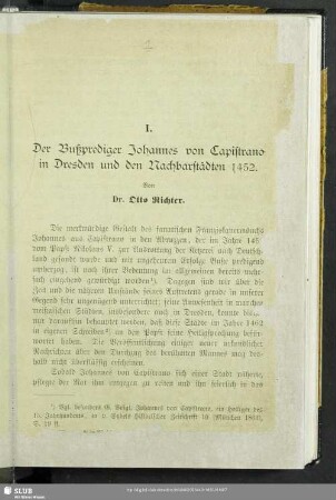 I. Der Bußprediger Johannes von Capistrano in Dresden und den Nachbarstädten 1452
