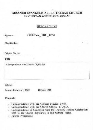 Correspondence with Various Missions