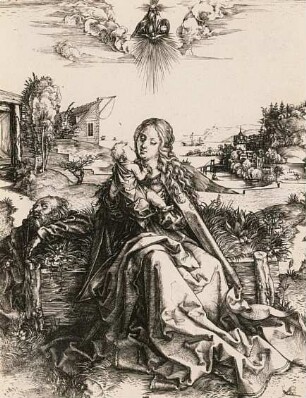 Heilige Familie mit der Heuschrecke : Dürer, Albrecht: Heilige Familie mit der Heuschrecke. Kupferstich. 1495/1496. Dresden: Kupferstich-Kabinett