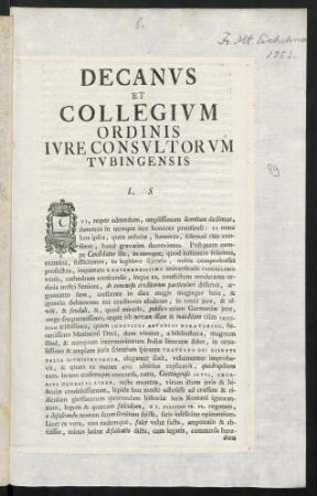 Decanvs Et Collegivm Ordinis Ivre Consvltorvm Tvbingensis L. S.