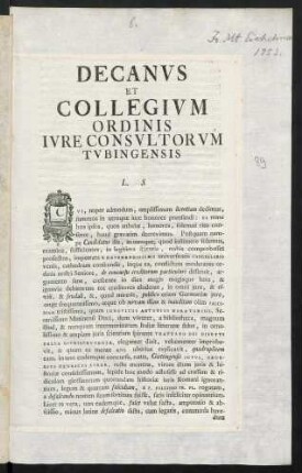 Decanvs Et Collegivm Ordinis Ivre Consvltorvm Tvbingensis L. S.