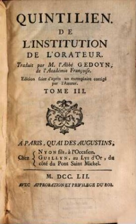 Quintilien, De L'Institution De L'Orateur, 3