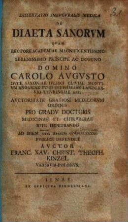 Dissertatio Inauguralis Medica De Diaeta Sanorum