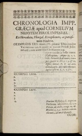 Chronologia Impp. Græciæ apud Cornelium Nepotem Per Olympiadas.