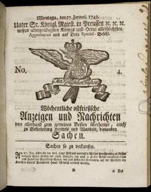 No. 4. Montags, den 27. Januarii 1749.