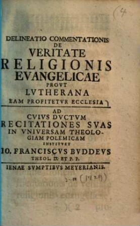 Delineatio Commentationis De Veritate Religionis Evangelicae Provt Lvtherana Eam Profitetvr Ecclesia