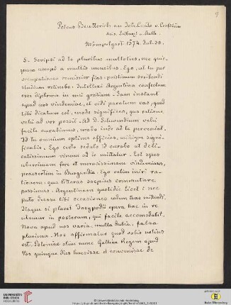Briefabschriften von Ernst Volger (1888) aus der Sammlung Rehdiger der Stadtbibliothek Breslau. Teil I: Baudiss, Beutterich, Ehemius, Haller, Melissus, Ostrorog, Pareus, Rehdiger und Reuter.: Brief von Peter Beutrich an Johannes Crato : Abschriften von Ernst Volger (1882/86)