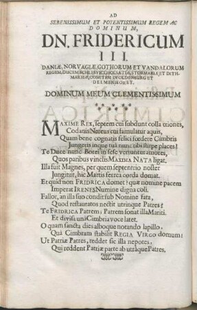 Ad Serenissimum Et Potentissimum Regem Ac Dominum, Dn. Fridericum III. ...