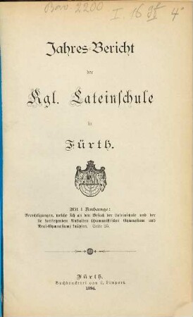 Jahres-Bericht der Kgl. Latein-Schule in Fürth. 1893/94