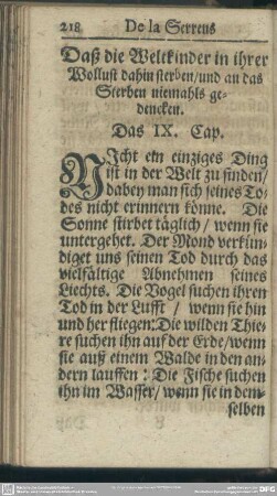 Daß die Weltkinder in ihrer Wollust dahin sterben, und an das Sterben niemahls gedencken. Das IX. Cap.