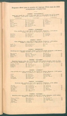 Hipódromo Argentino - Programa oficial para la reunión del domingo 12 de enero de 1913