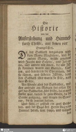Die Historie von der Auferstehung und Himmelfarth Christi, aus denen vier Evangelisten - Historia wot teho Hohrjestacża a kNebeßam Stpicża Krystußoweho, se schtyrjoch Evangelistow