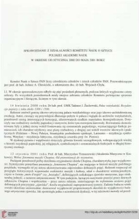 Sprawozdanie z działalności Komitetu Nauk o Sztuce Polskiej Akademii Nauk w okresie od stycznia 2000 do maja 2001 roku