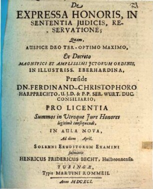 Disquisitio Jurid. Inauguralis, De Expressa Honoris In Sententia Judicis, Reservatione
