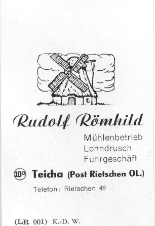 Rietschen-Teicha. Rudolf Römhild. Mühlenbetrieb, Lohndrusch, Fuhrgeschäft, Geschäftskarte, 1950, Repro