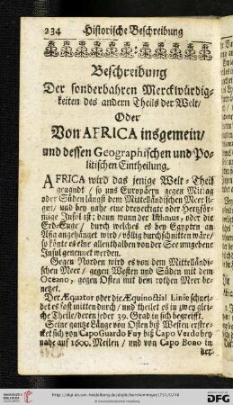 Beschreibung der sonderbahren Merckwürdigkeiten des andern Theils der Welt / oder von Africa insgemein / und dessen Geographischen und Politischen Eintheilung