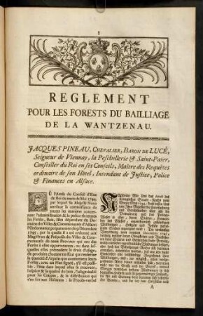 1-8, Reglement Pour Les Forests Du Bailliage De La Wantzenau