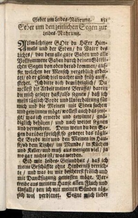 Gebet um den zeitlichen Segen zur Leibes-Nahrung.