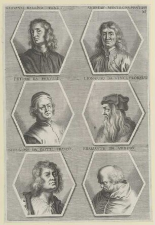 Gruppenbildnis des Giovanni Bellino, Andreas Mantegna, Petrus da Pervsiae, Lionardo da Vinci, Giorgione da Castel Franco und des Bramante da Vrbino