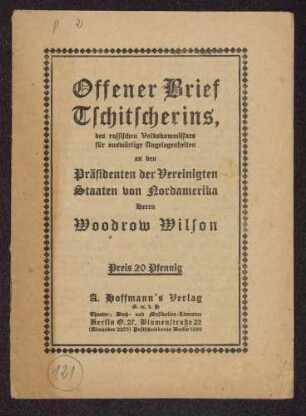 Offener Brief Tschitscherins ... an ... Woodrow Wilson (A. Hoffmann's Verlag, Berlin)