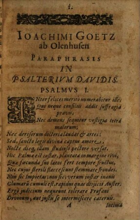 Ioachimi Goetz ab Olenhusen Carminvm Sacrorvm Pars ..., 1. Continens Psalterii Davidis Paraphrasin