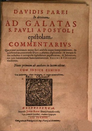 In divinam ad Galatas S. Pauli Apostoli epistolam Commentarius