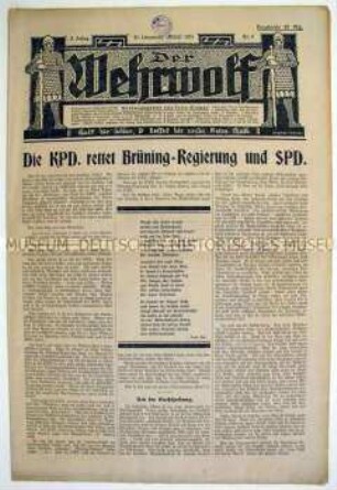 Völkische Wochenzeitung "Der Wehrwolf" zur Regierungskrise